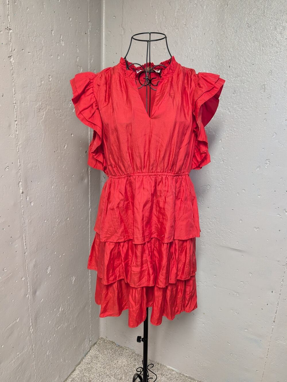 Marie Oliver Silk Cotton Tiered Ruffle Mini Dress Red